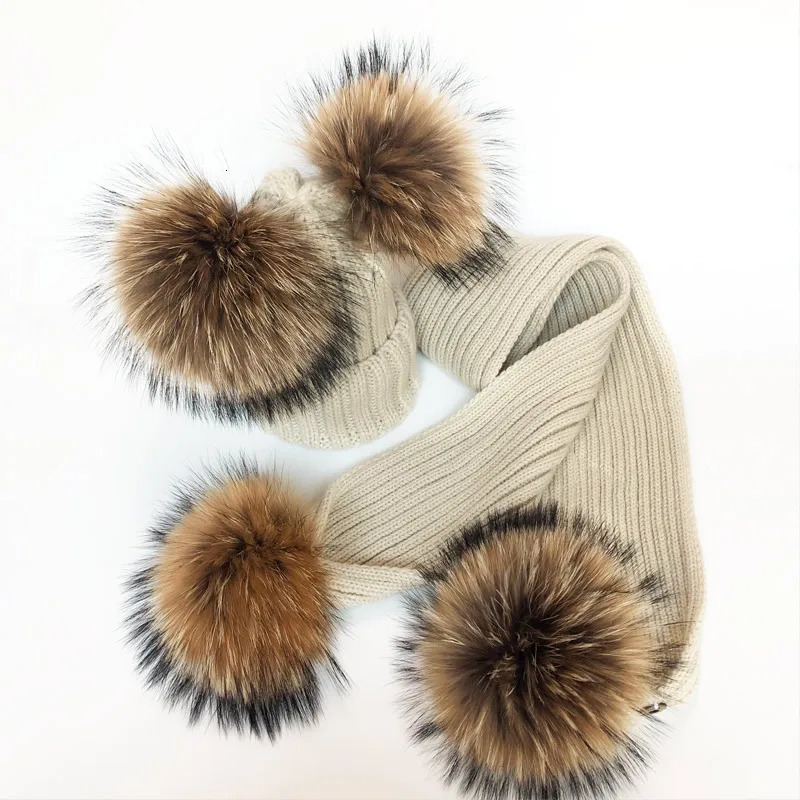 ParentChild Winter hats Cute Baby fur Pompon Hat Scarf Sets Real Natural Fur Ball Caps Mother Kids Warm Knitted Hats Winter Bea 251029