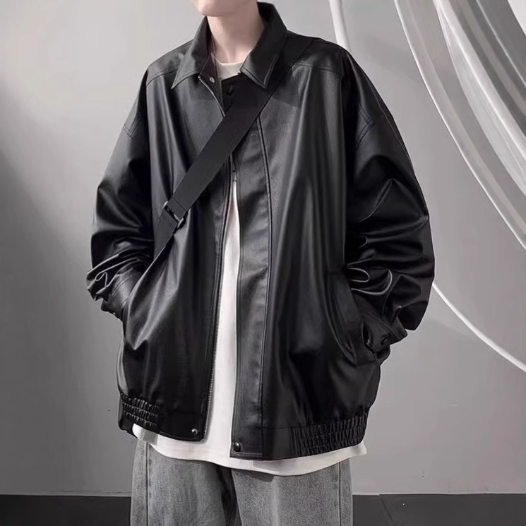 American Style Leather Jacket For Designer Jacket Men Autumn And Winter High-end Feel Cool And Trendy Brand Casual Loose PU Leather Turn-down Collar J