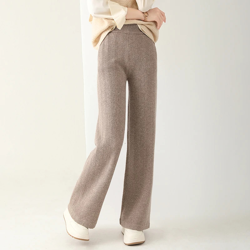 Women Wool Wide Leg Pants Elastic Waist Threaded Pattern Trousers Autumn Winter 100 Merino Knit Soft Warm 251029