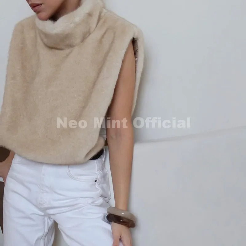 Neo Mint Fashion Faux Fur Sable Vest Crop Top Autumn Winter Turtleneck Eco Mink Tank Tops Sleeveless Jacket Coat 251028