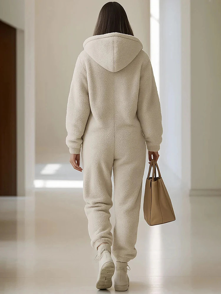 Autumn Winter Solid Color Fur Jumpsuits Elegant Long Sleeve Hoodies Playsuits Overalls Fashion Pocket Warm Commute Rompers 251028