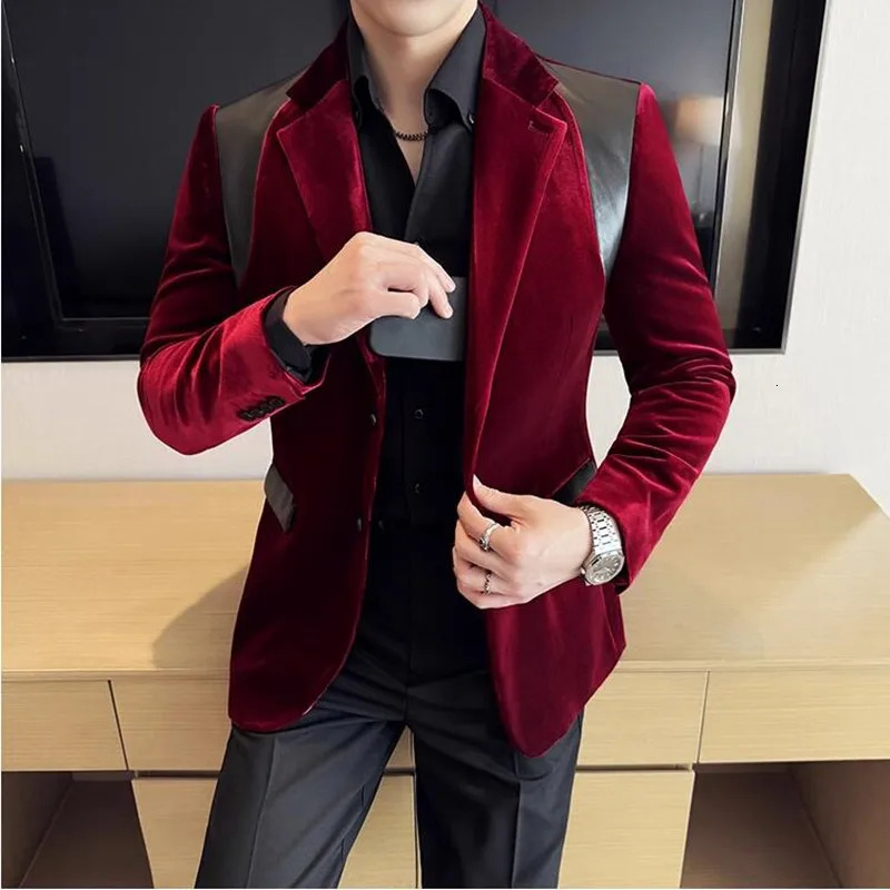 Autumn Winter Men Mercerized Velvet Slim Fit Suit Coats Fashion Leather Splicing Casual Business Formal Party Tailcoat 4XLM 251028