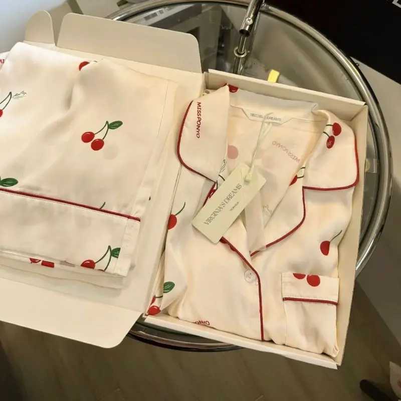 Autumn and Winter Longsleeved Long Trousers Pajamas Female Ice Silk New Silk Cartoon Cherry Print Homewear Suit Women PajamaT251029