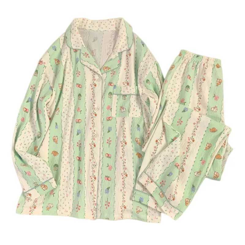 Four Seasons Women Pajamas Cloud Cotton Floral Stripe Long Sleeve Trousers Print Cardigan Student Nightwear Girl SleepwearT251029