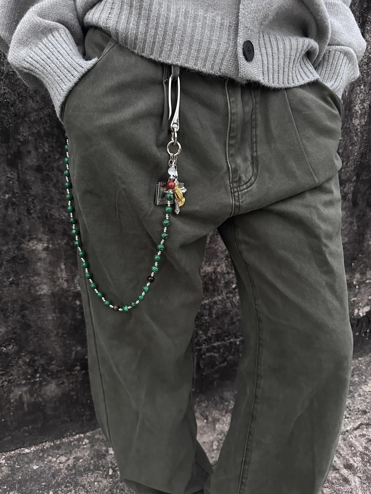 Original peacock turquoise American punk style pants chain retro cross jeans accessory 251021