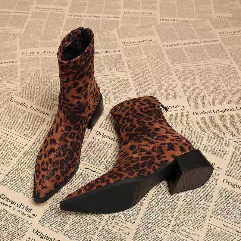 Autumn Leopard SuedeWomen Ankle Boots Thick Heels Pointed Toe Shoes Modern Short Botas Para Mujer Z251029