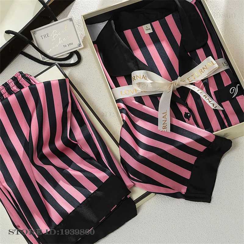 Women Long Sleeve Pajamas 2PCS Set Spring Summer New Sleepwear Loungewear Fashion Stripes Pyjama Pour Femme Loose Satin HomewearT251029
