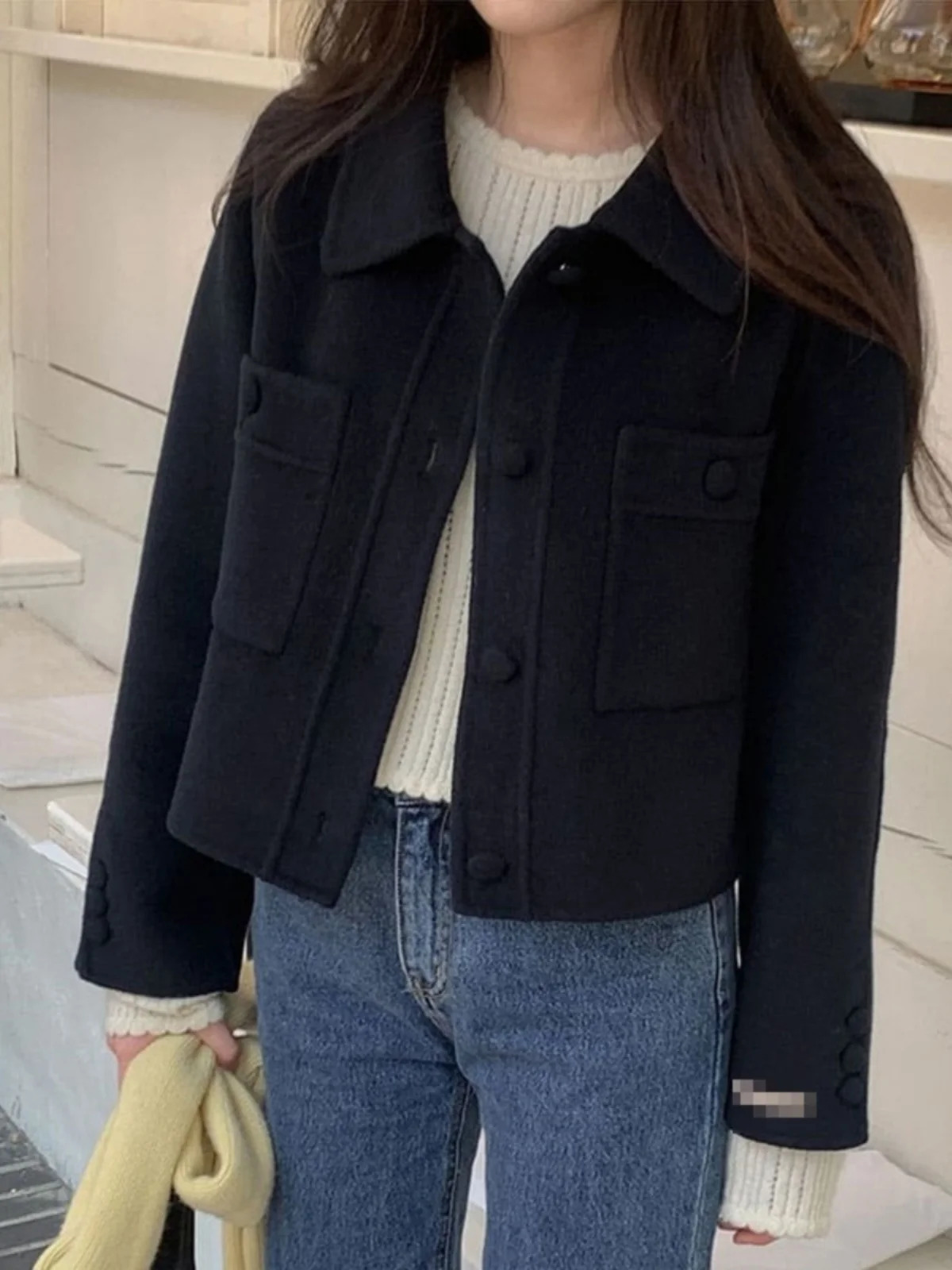 ort Korean Sle Womens Coat Woolen Jaet Lapel Single Button Versatile Winter Outerwear Thiened Long Sve Pure Color 251029