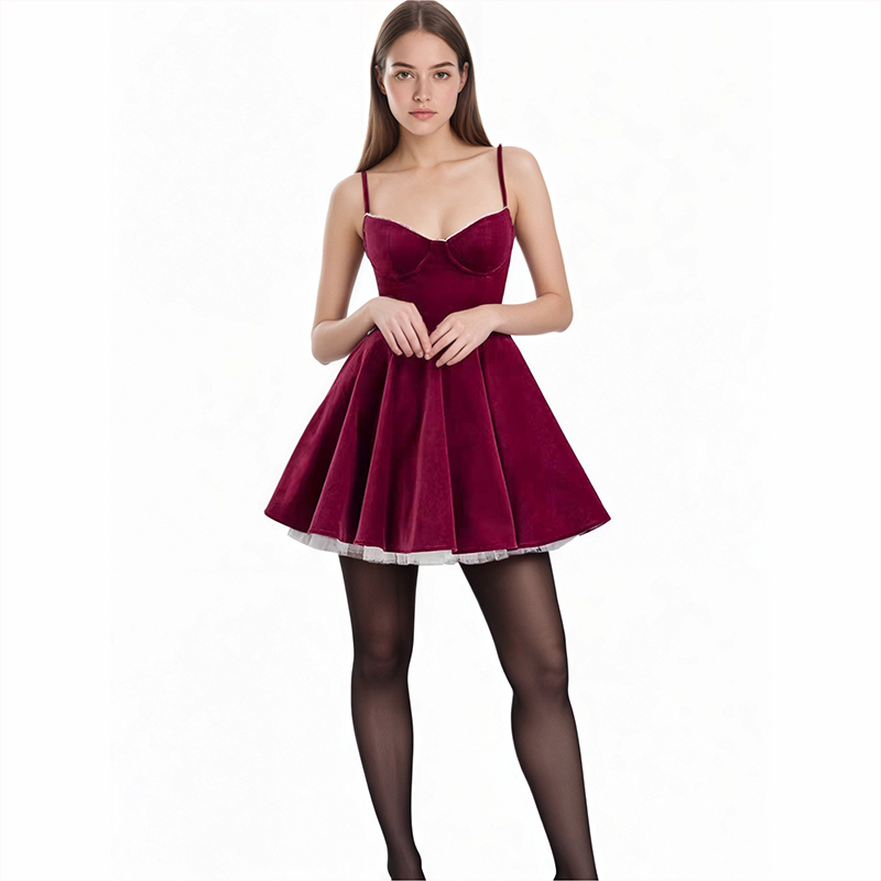 Prom Dresses Women's Burgundy Velvet Spaghetti Strap Mini Dress, Sweetheart Neckline Christmas Party Dress with Tulle Hem, Festive Cocktail & Hol