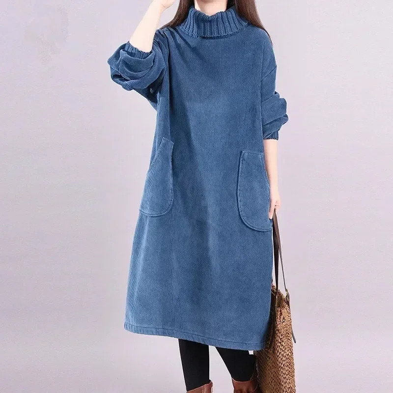 Women Autumn Winter Dress Retro Corduroy Vestidos Add Velvet High Neck Dress MidLength Loose Pullover Sweater Female 251029