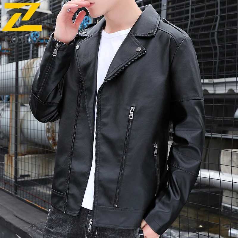 COMXZ Mens PU Leather Jacket New Luxury Elegant Suit Collar Cycling Leather Coat Trendy Slim Windproof Spring Autumn OuterwearT251029