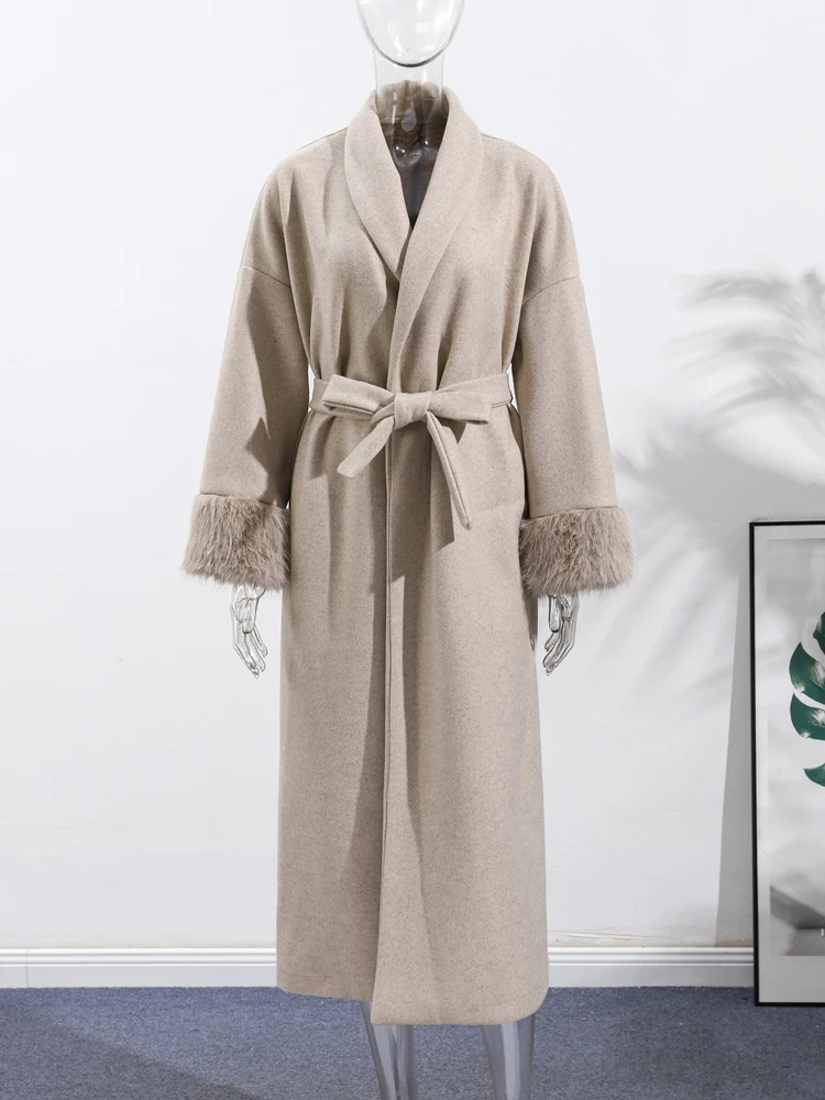 Fashion Patchwork Faux Fur Sleeve Woolen Jacket With Belt Women Winter Long Lace Up Coats Street Office Lady Chic Outerwear 251028