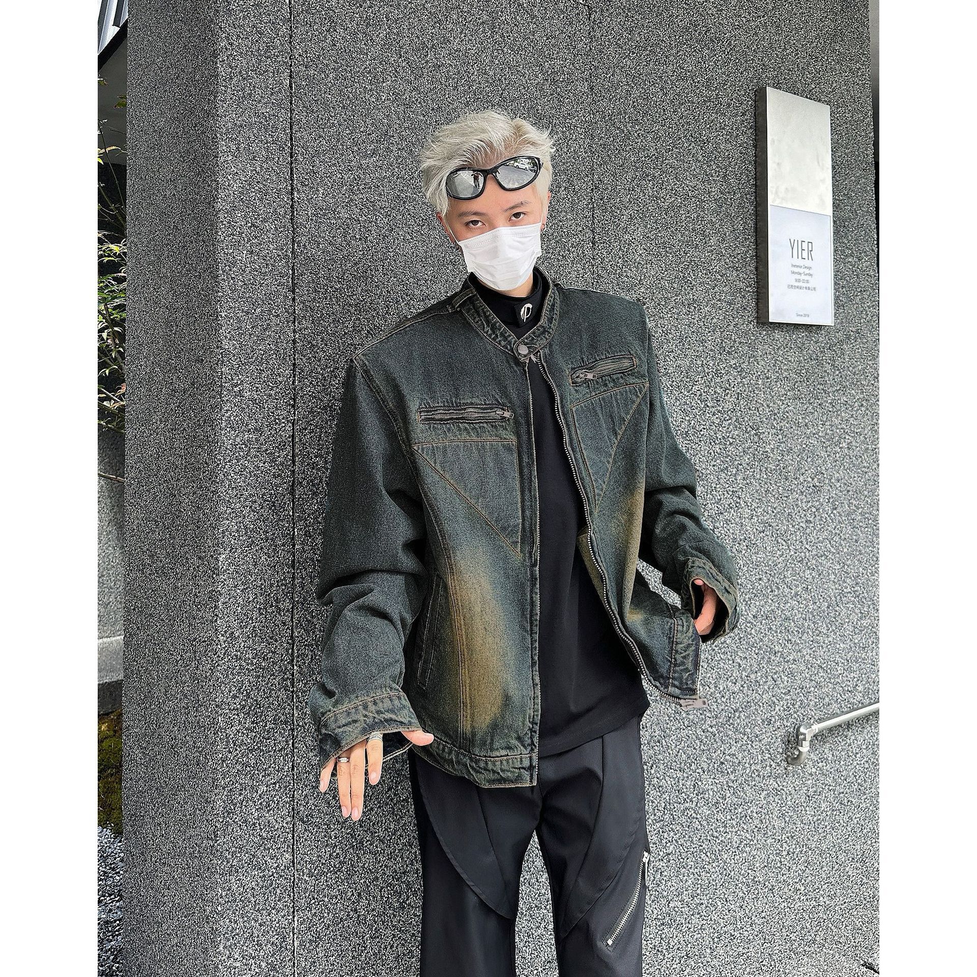 American Designer Jacket High Street Niche Deconstructed Design Shoulder Pad Denim Jacket Men's Distressed Washed Zipper Short Jacket