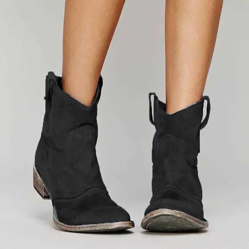 Vintage Cowboy Ankle Boots for Women Pointed Toe Low Heels Western Botas Female Autumn Winter Slip on PU Leather Booties 2024 Z251029