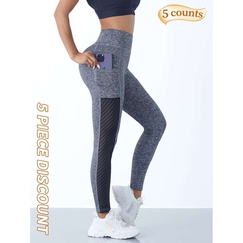 5pcs Yoga Pants With Pocket, Solid Color Stretch Fiess Sports Leggings, Women's Activewear
