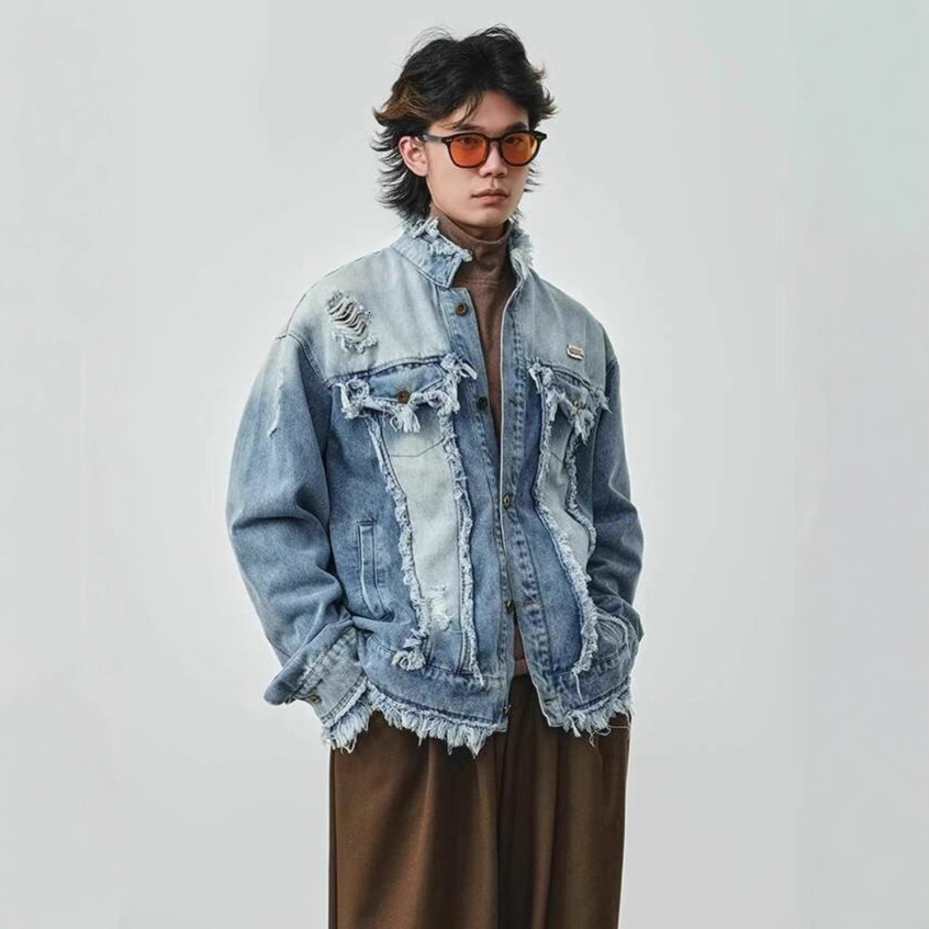 American Heavy Washed Vintage Fringe Raw Edge Denim Jacket Unisex Designer Jacket Trendy Casual Couple Coat Top