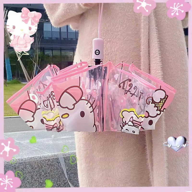 Sanrio Kawaii Hello Kitty Transparent Umbrella Anime Cartoon Sanrio Cinnamoroll Travel Portable Automatic Folding Umbrella Girl Gift L251029