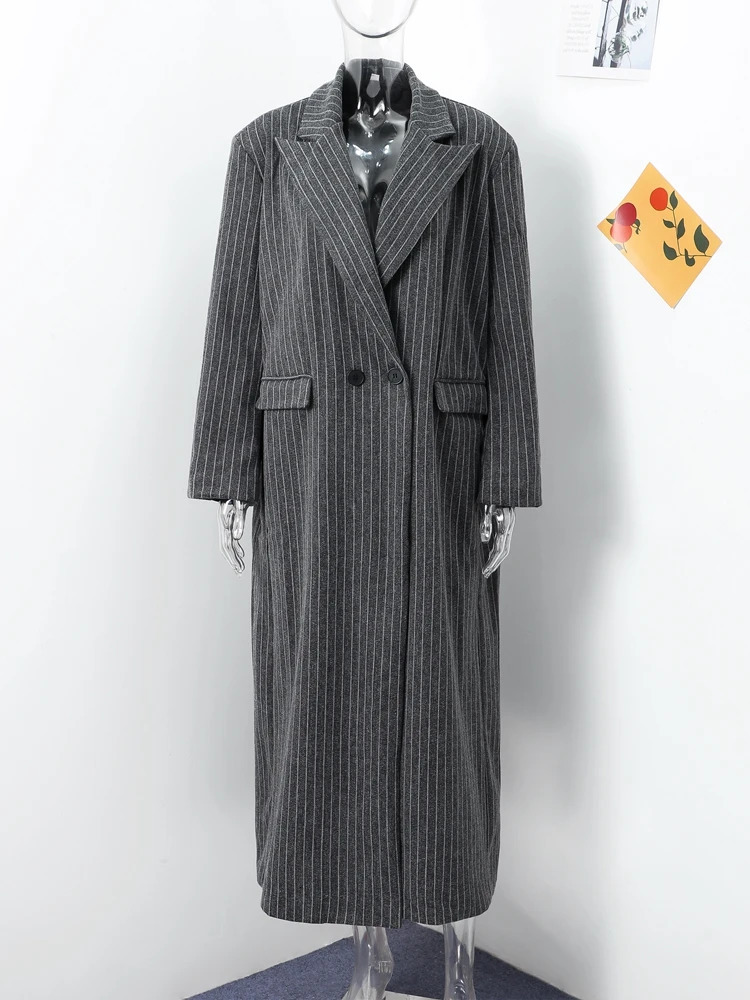 Retro Striped Lapel Woolen Long Coat Women Casual Loose Dark Grey Oversize Coats Female Winter Elegant Chic Streetwear 251028