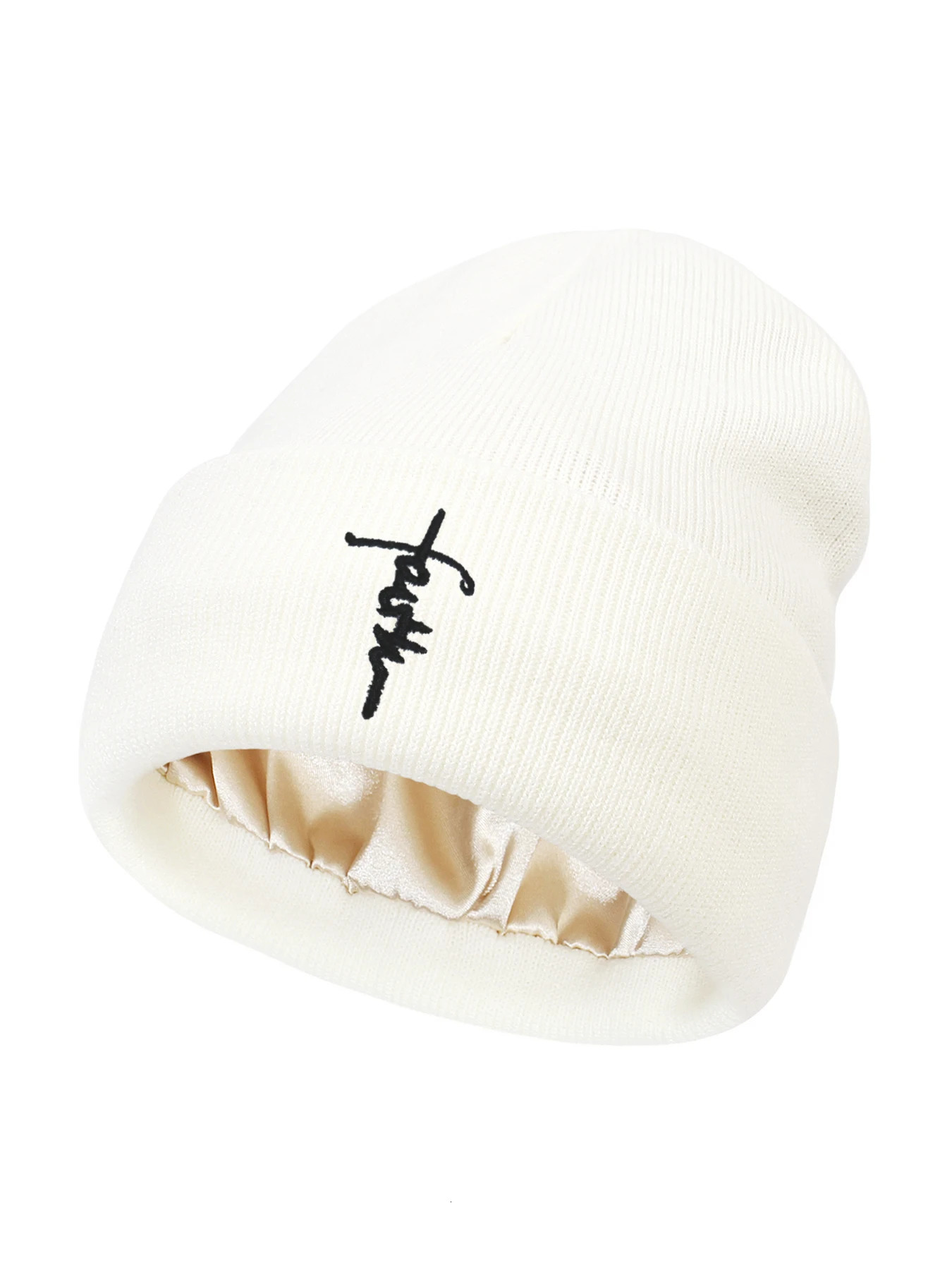 Embroidered Letter Beanies Bonnet For WomenMen 2Layer Silk Satin Lined Anti Static Knitted Hat Autumn Winter SKi Skullies Cap 251013