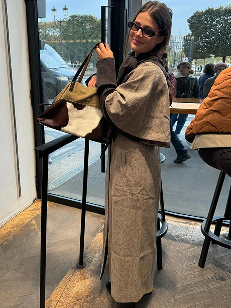 Elegant Cloak Double Breasted Long Coats Women Retro Lapel Side Loose Coat Female Autumn Winter Fashion Lady Outwear 251028
