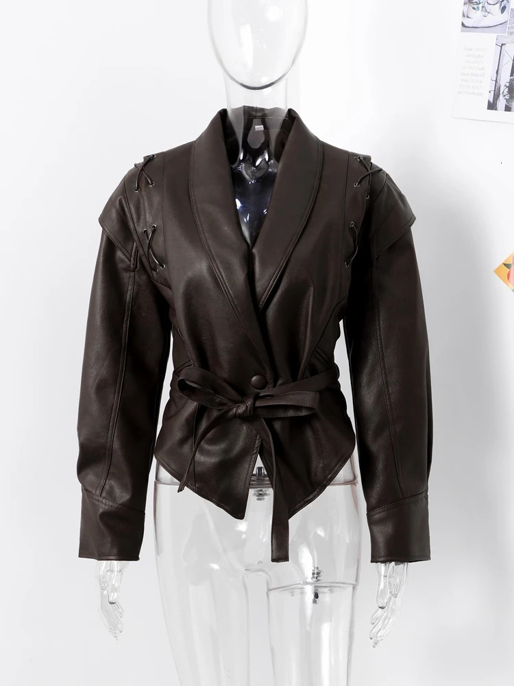 Faux Leather Brown Women Jackets 2025 Belt Lace Up Lapel Female Coat Vintage Casual Autumn One Button Long Sleeve Lady Outwear 251029