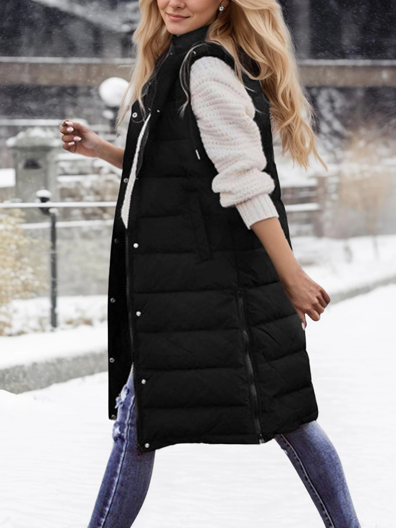 Winter Warmth Puffer Vest Soft Solid Color Sleeveless Hooded Long Vest for Women Cozy Outwear for Cold Weather 251029
