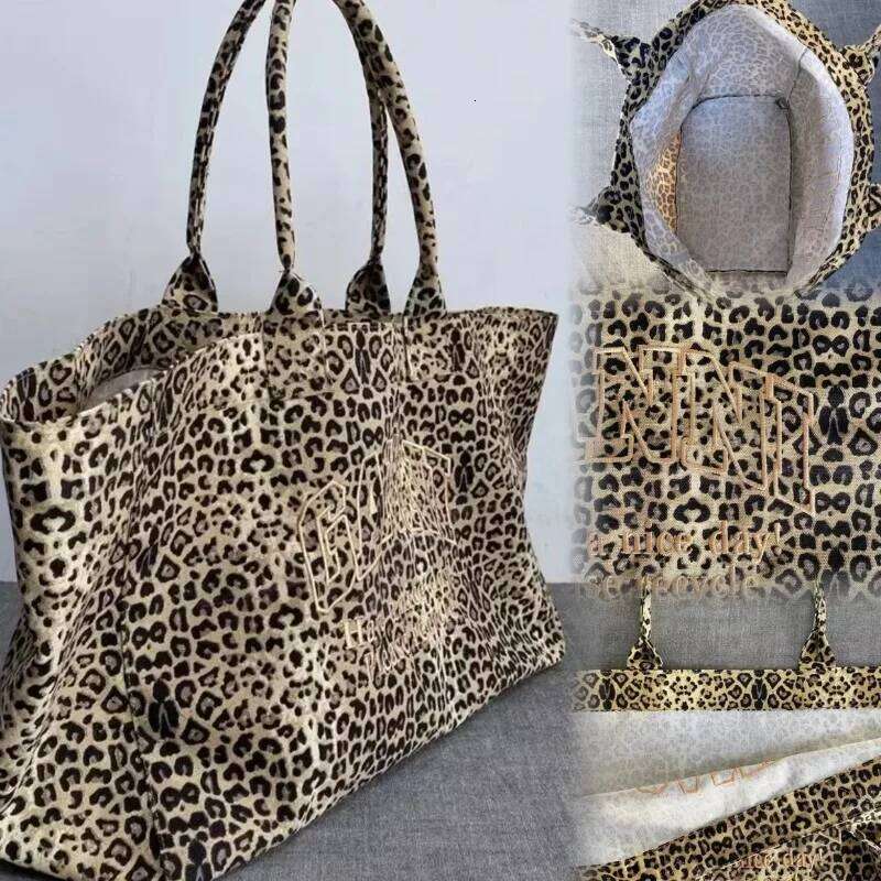 Korean Fashion Leopard Pattern Shoulder Bag Trendy Letter Embroidery Tote Women Canvas Large Capacity Handbag Shopping Bags