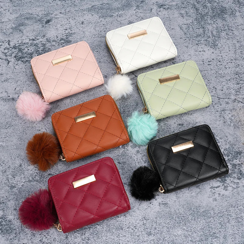 Vintage Diamond Grid Womens Wallet Embroidered Mini Purse Hanging Hair Ball Coin Purse Card Leisure Foreign Trade Package 251029