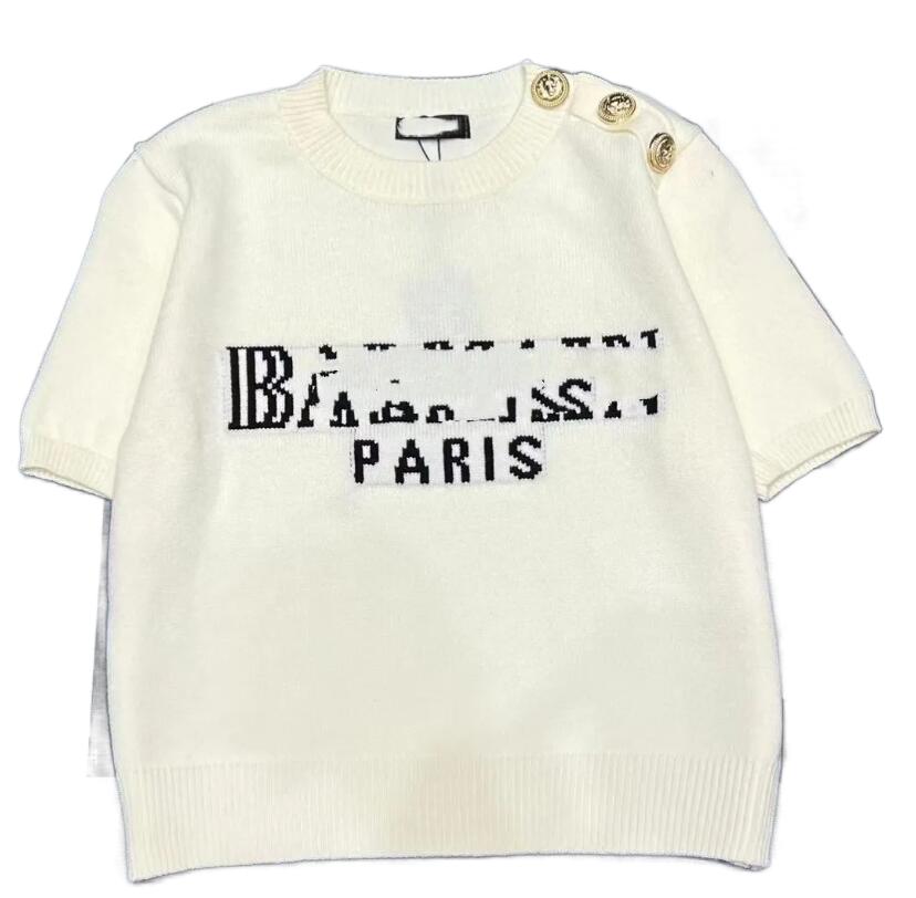 Women's logo letter print o-neck short sleeve buttons patchwork knitted sweater top shirts SML