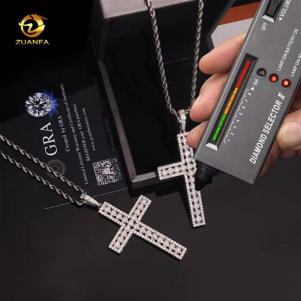 Fast Ship High Quality Moissanite Hip Hop Jewelry Cross Iced Out Pendant 925 Silver Moissanite Pendant With 316L Rope Chain
