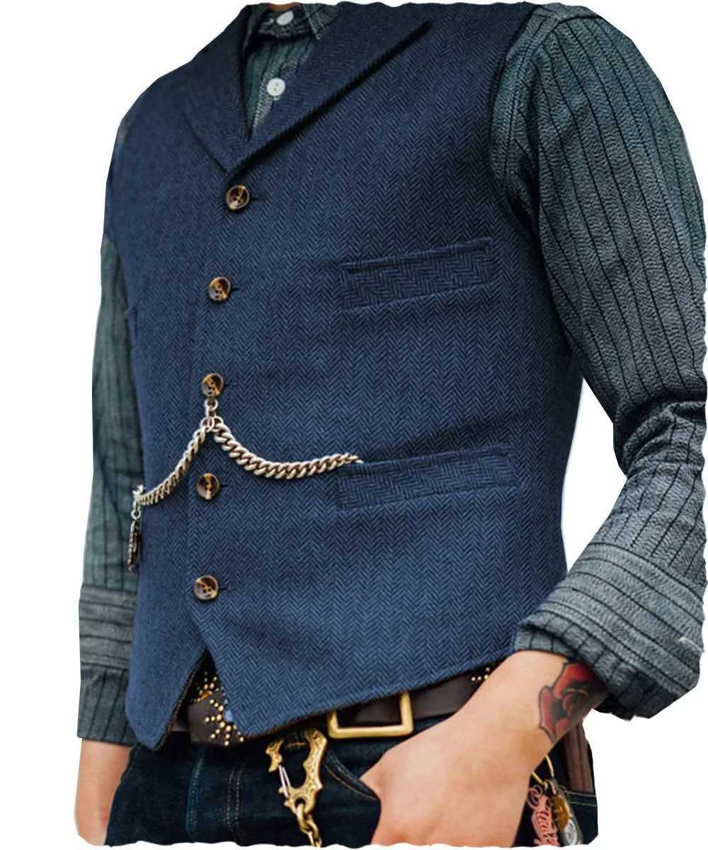 Wool Tweed Mens Suits Vest for Groomsmen Wedding Lapel Casual Slim Business Vests Sleeveless Waistcoat Male Gilet Homme Vests W251029