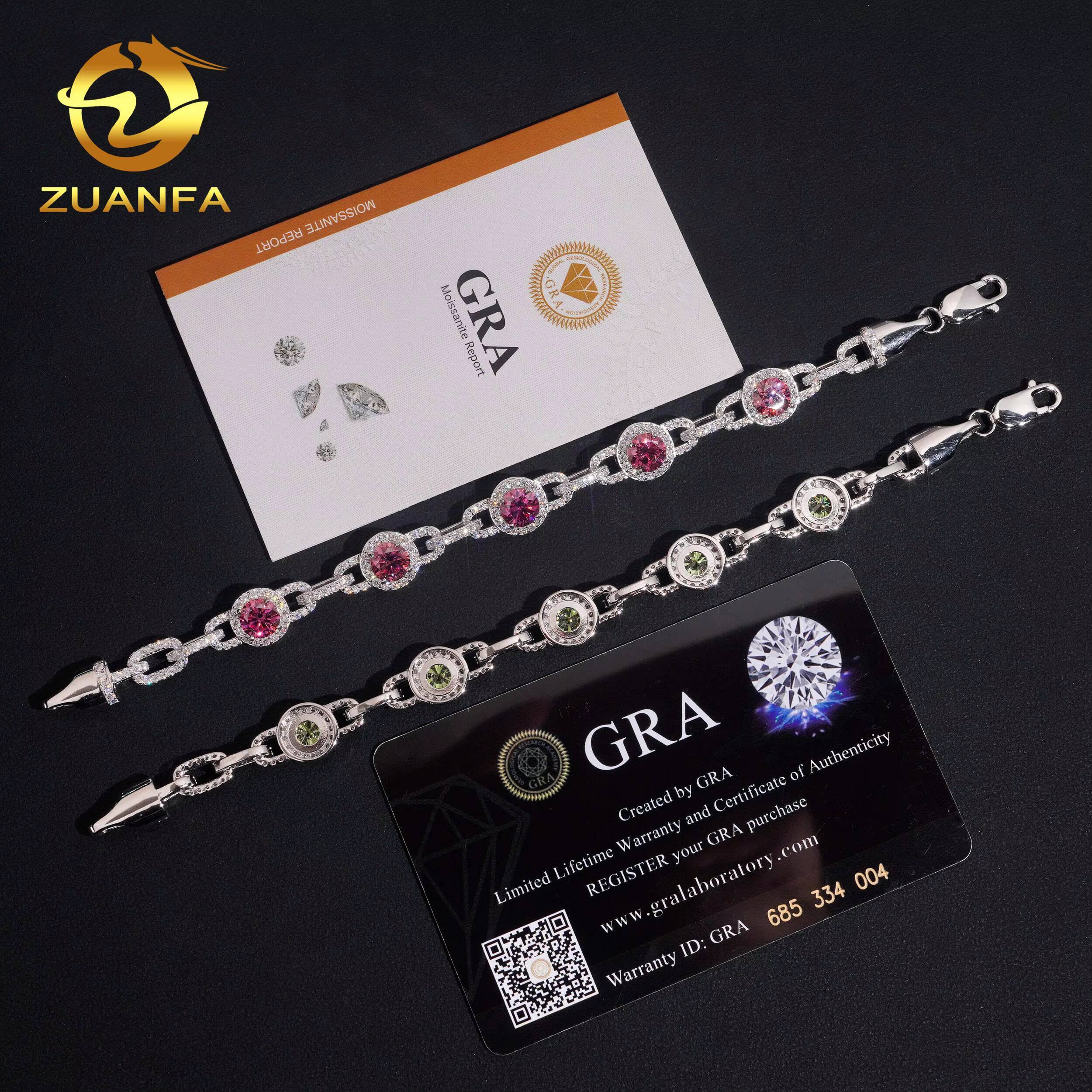 Hip Hop Jewelry 65mm Pink and Blue Green Moissanite Iced Out Cuban Link Bracelet 925 Silver Color Moissanite Bracelet