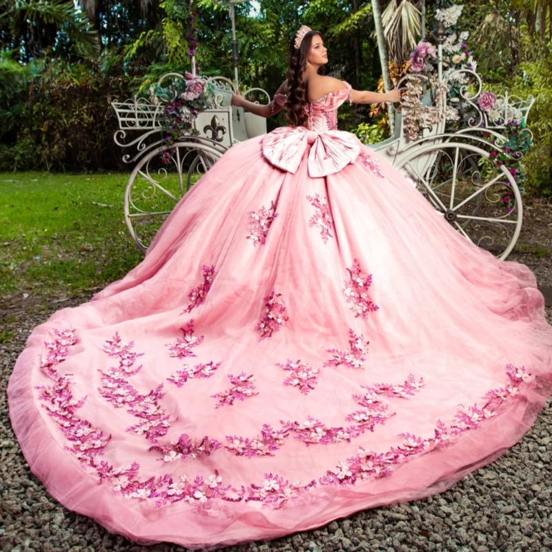 Pink Shiny Ball Gown Quinceanera Dresses Off The Shoulder Applique Flower Beads Bow Tull Party Birthday Sweet 16 Dress Vestidos