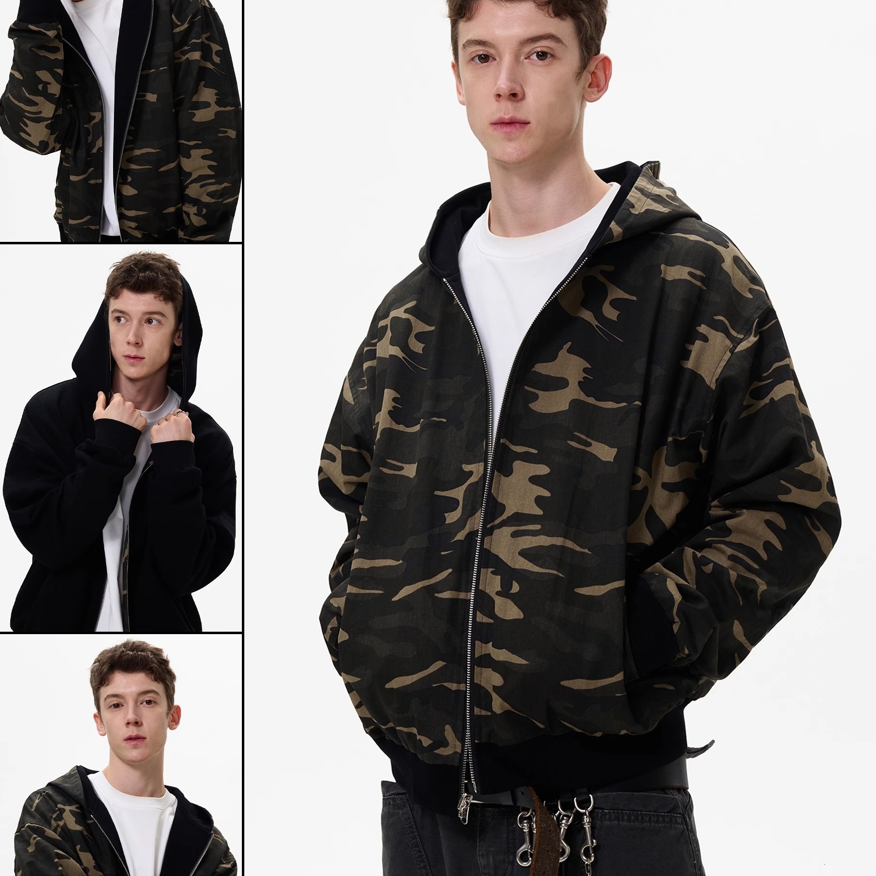 Streetwear American Style Designer Jacket Jacket Camouflage Reversible Cardigan Hooded Sweatshirt Men's Loose Casual Couple Jacket