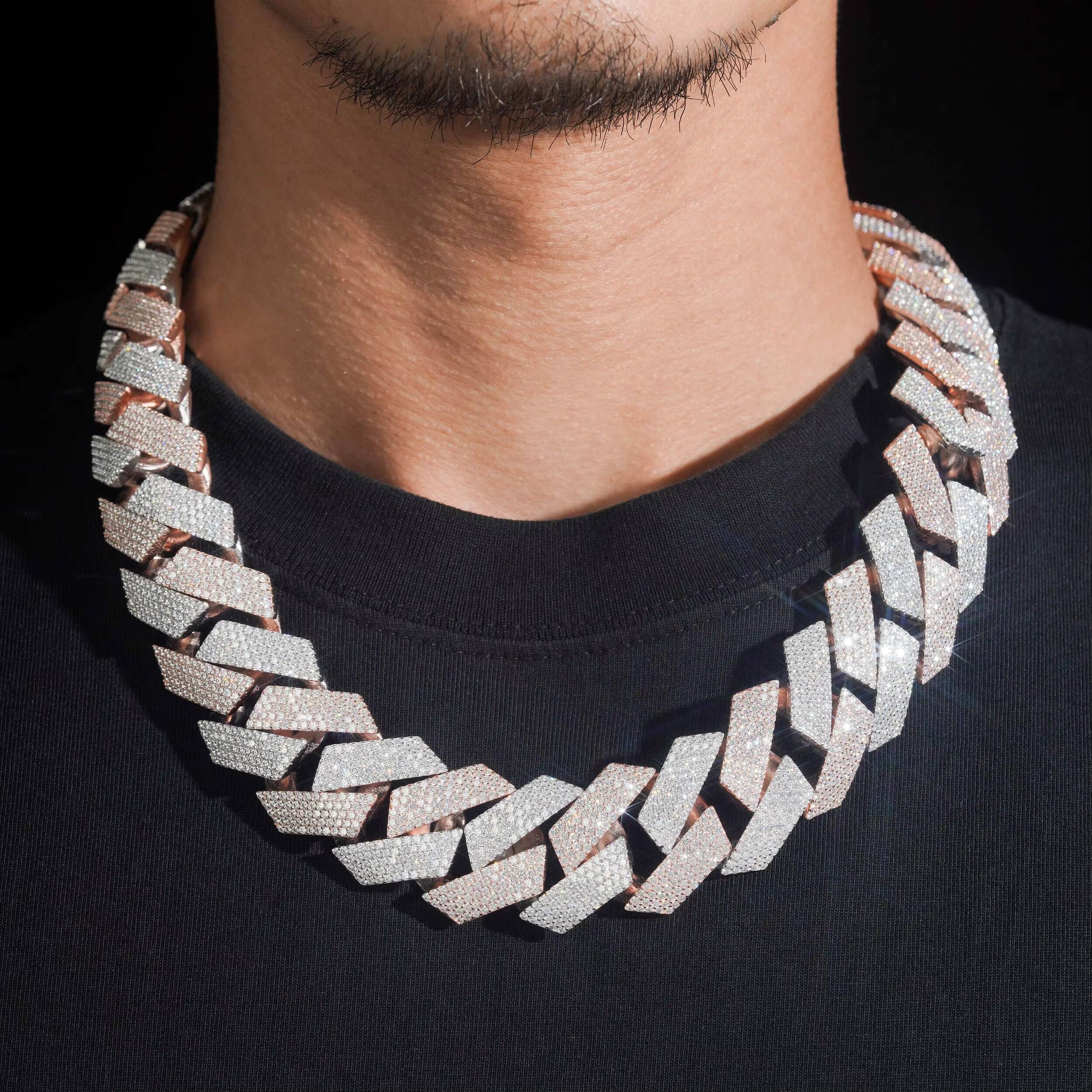 Hip Hop Solid Silver 925 Rose Gold Two Tone Big Cuban 24MM Iced Out VVS Moissanite Cuban Chain Necklace