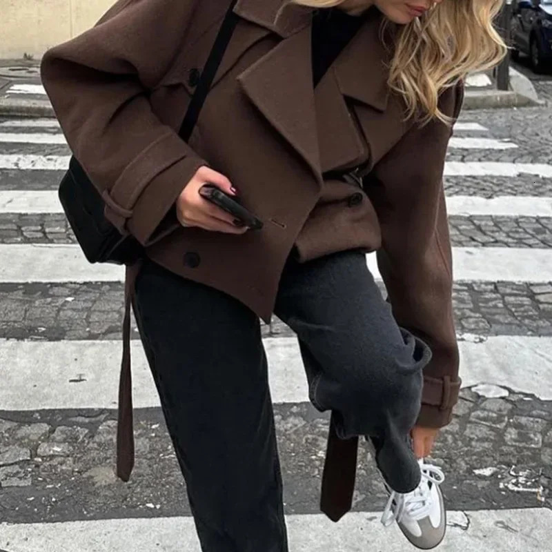 European and American womens clothing big lapel woolen sweater fashion short belt coat jacket 251029