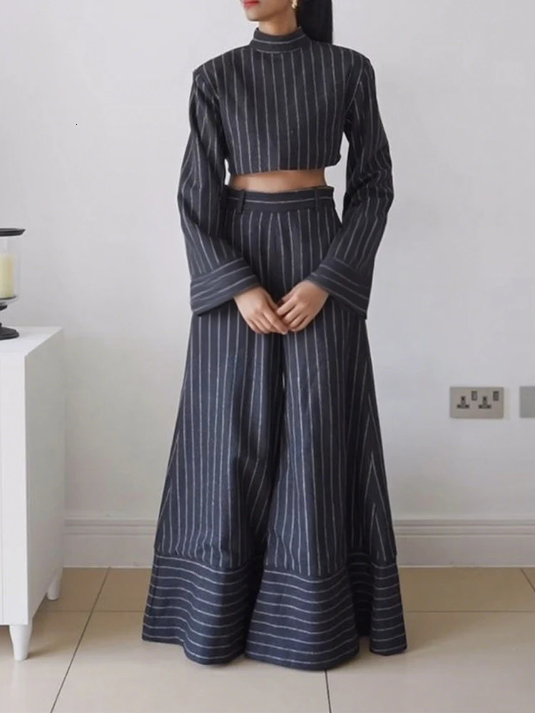 Gymystars Fall Women Striped Pants Sets Fashion Long Sleeves High Neck Blouses Loose Wide Leg Trousers Female Overalls 251028