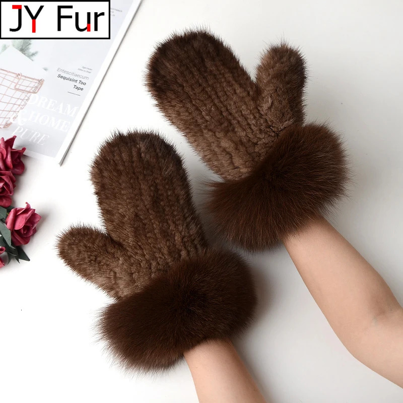 Women Natural Mink Fur Mittens Fox Fur Trimming Real Mink Fur Gloves Ladies Fur Elastic Hand Made Drop 251029