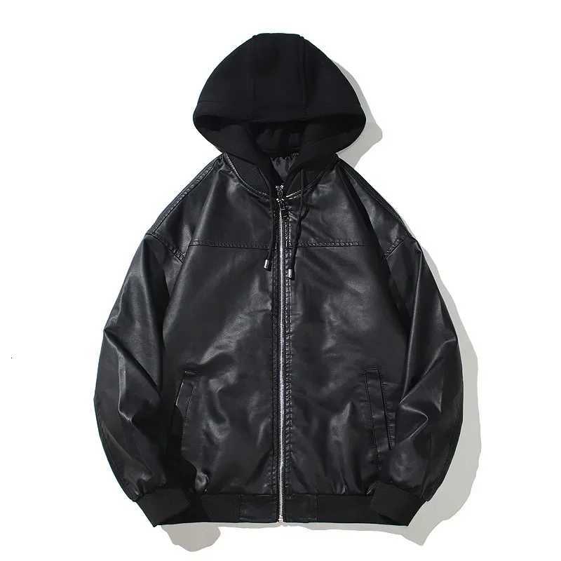 Mens Hooded PU Leather Jacket Motorcycle Hooded Young Leather Plus Cotton Padded Coat MenT251029