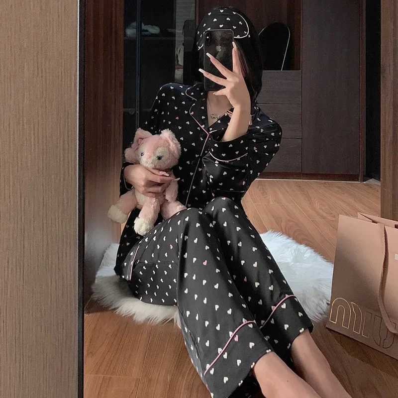 Women Heart Graphic Print Ice Silk Cardigan Lapels Long Sleeve Trousers Pajamas Student Loungewear Sleepwear Europe and AmericaT251029