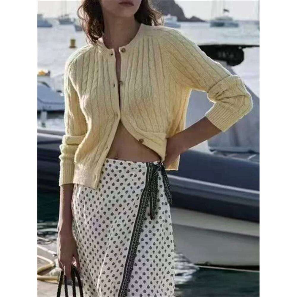 French Women's Wool Blend Knit Cardigan O-Neck Long Sleeve Knitwear Ladies Single-Breasted Twist Knitted Sweater Top Women Sweater Designer Sweat