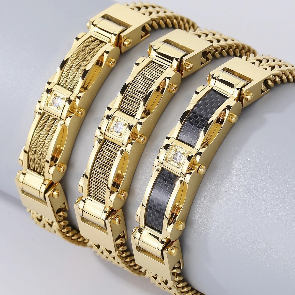 Bracelet for Men Gold Color 12MM Wide Stainless Steel Square Franco Link Chain Mens Wrist Bracelets With Magnet Clasp 251028