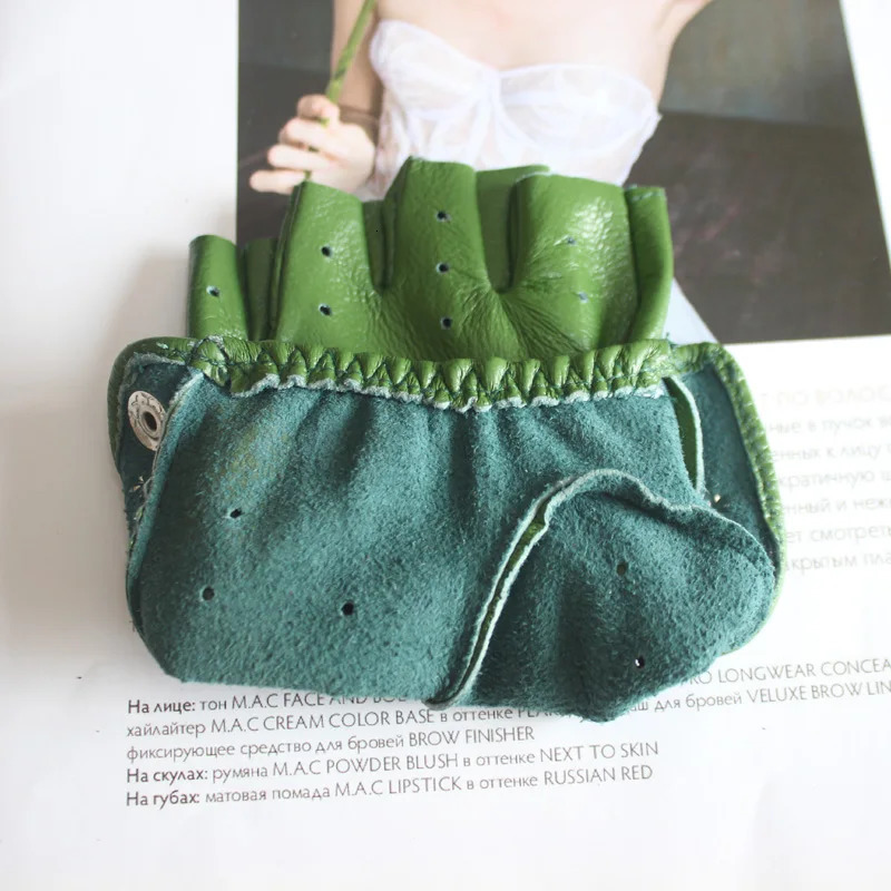 Womens Sheepskin Half Finger Gloves Thin Style Unlined Rivet Colored Genuine Leather Driving 251013
