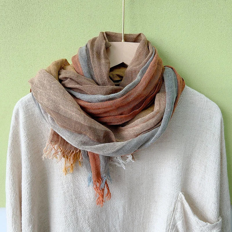 Johnature 2025 Thin Cotton Linen Striped Scarf Four Seasons Versatile Soft Neck Guard Silk Scarf Womens Travel Shawl Scarf 251029