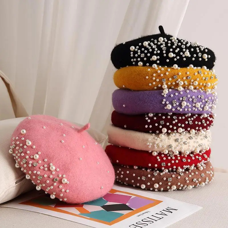 Pearl rhinestone wool beret womens autumn and winter British retro versatile painter hat multi colored 251029