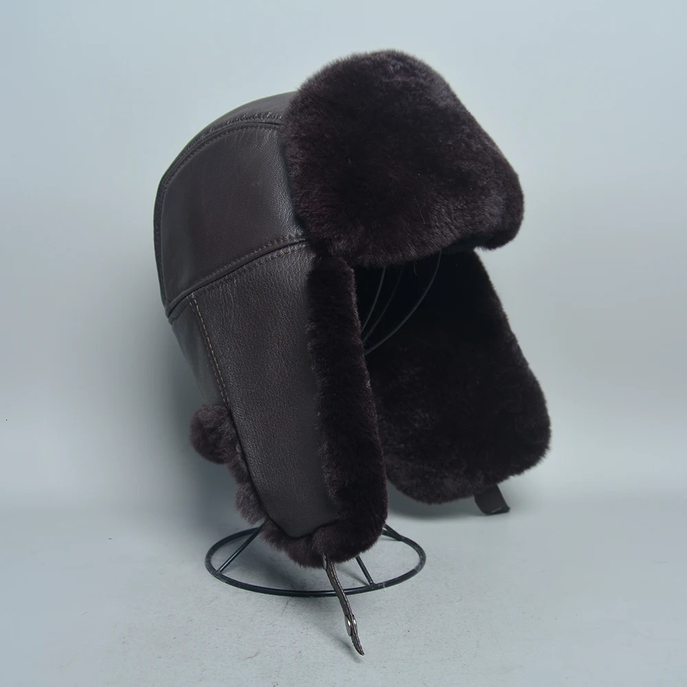 Unisex Real Rex Rabbit Fur Bomber Hat Ushanka Cap Trapper Russian Men Women Ski Hats Caps Sheepskin Leather Winter Warm 251013