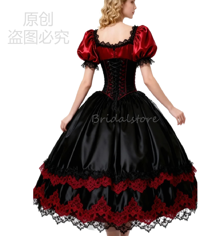 Vintage 1950s Tea Length Wedding Dress 2026 Black With Red Gothic Short Bridal Dress Steampunk Costume Vampire Bride Dress Civil Gatsby Vestio De Novi