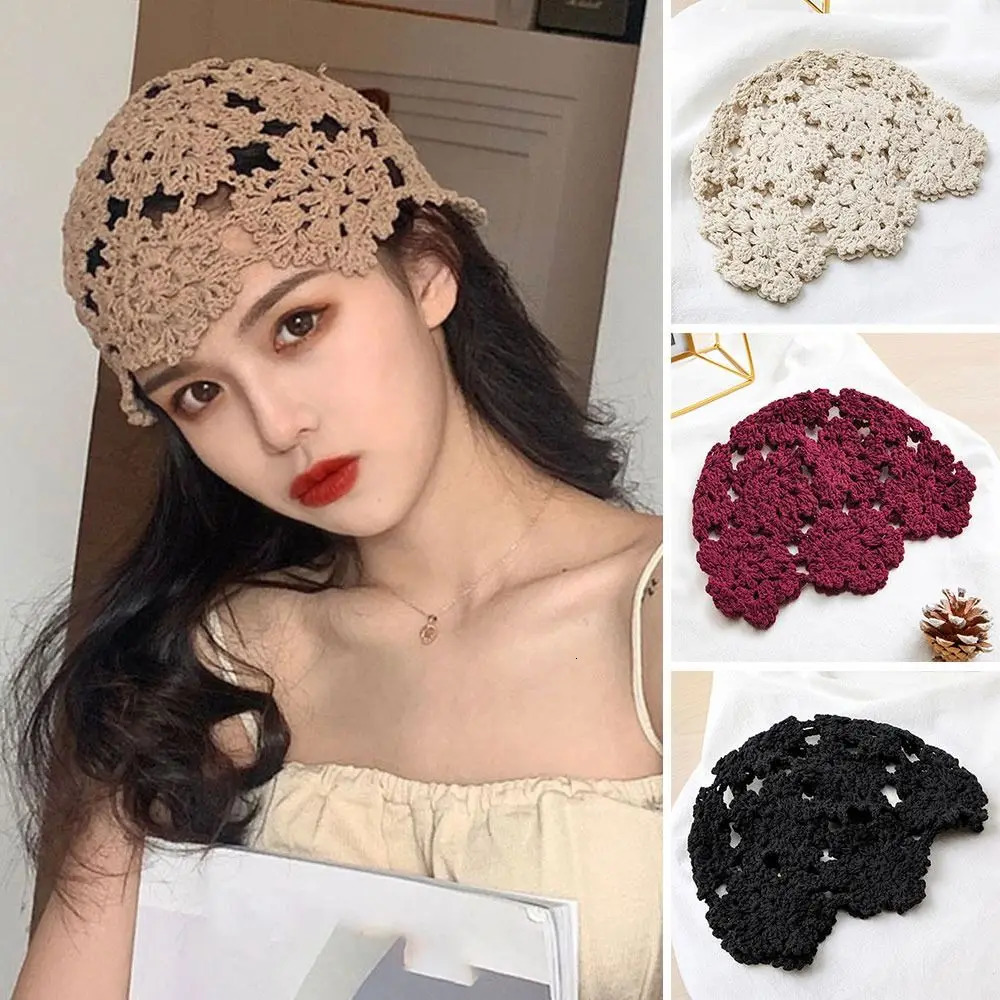 Breathable Hollowed Out Knitted Hat Flowers Casual Beret Cap Summer Fashion Cotton Skullies Sun Visor Women 251013