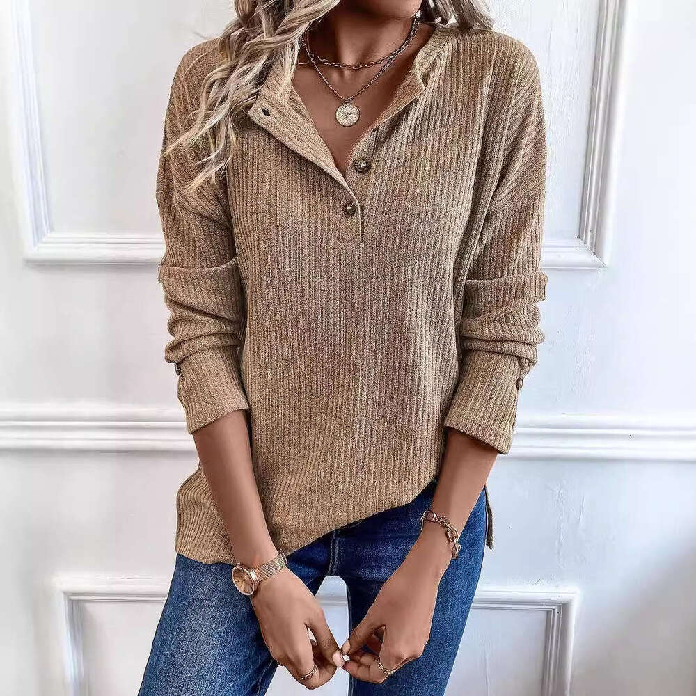 Spring And Autumn Button Ribbed Knitted Tops Casual Sweater All-Match Solid Color Long-Sleeved Pullover V-Neck Top