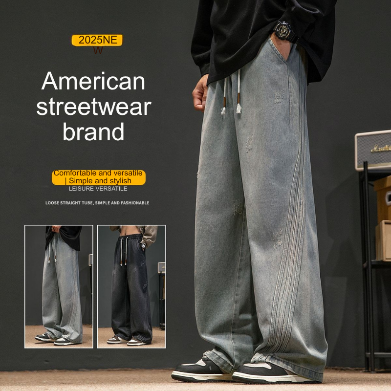 American high street scimitar jeans, vintage washed jeans, men's loose casual jeans--1106